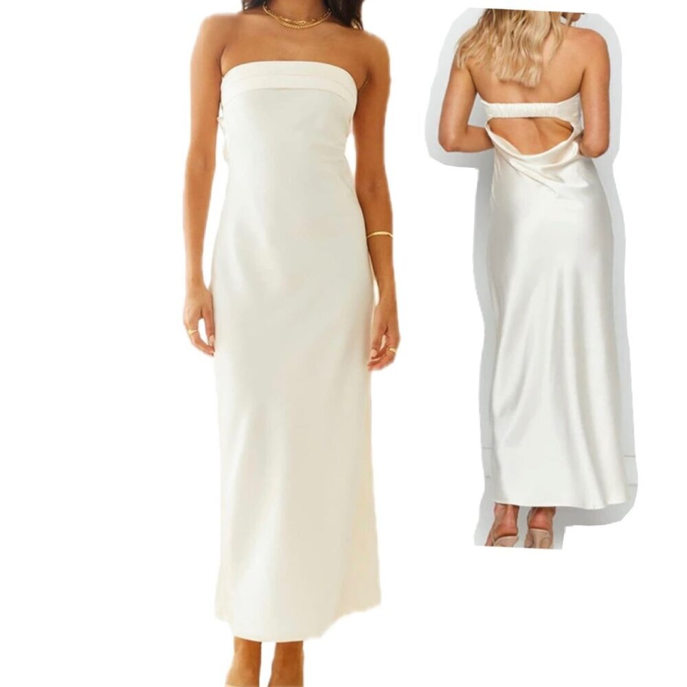 Realtix White backless Dress Party Wedding White Long Dress Size L
